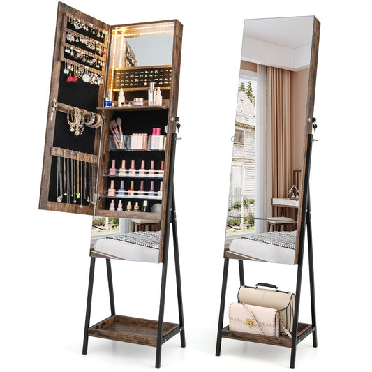 Costway Lockable Freestanding Jewelry Organizer with Full-Length Frameless Mirror-Brown