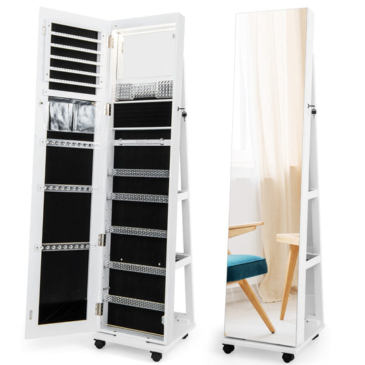 Costway 163 CM Standing Jewelry Organizer with Built-in Makeup Mirror-White