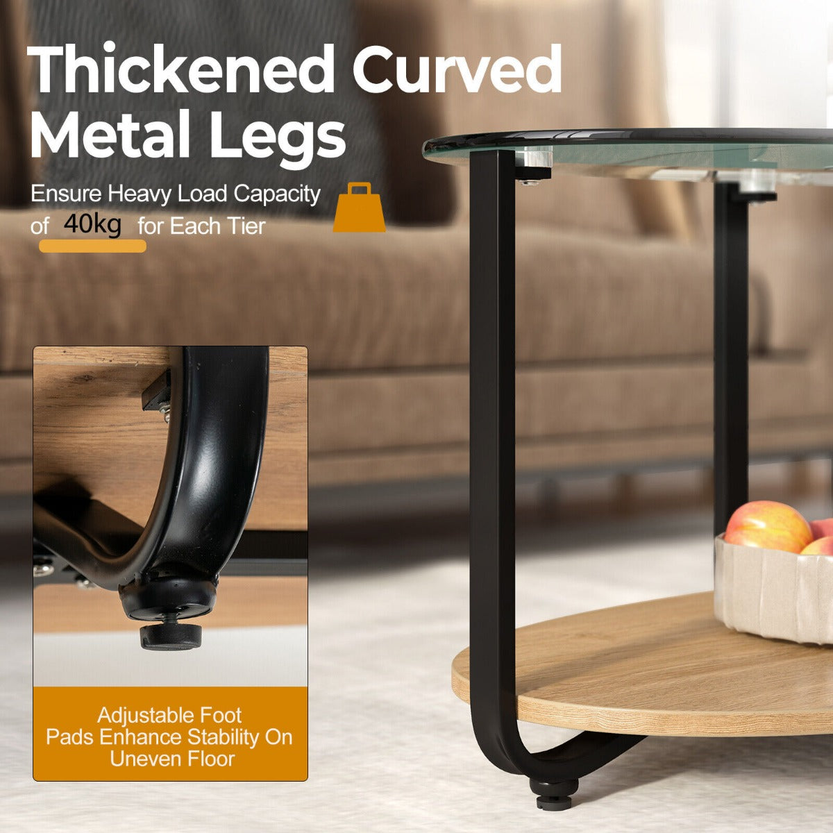 2-Tier Modern Oval Coffee Table with Tempered Glass Tabletop for Home Office