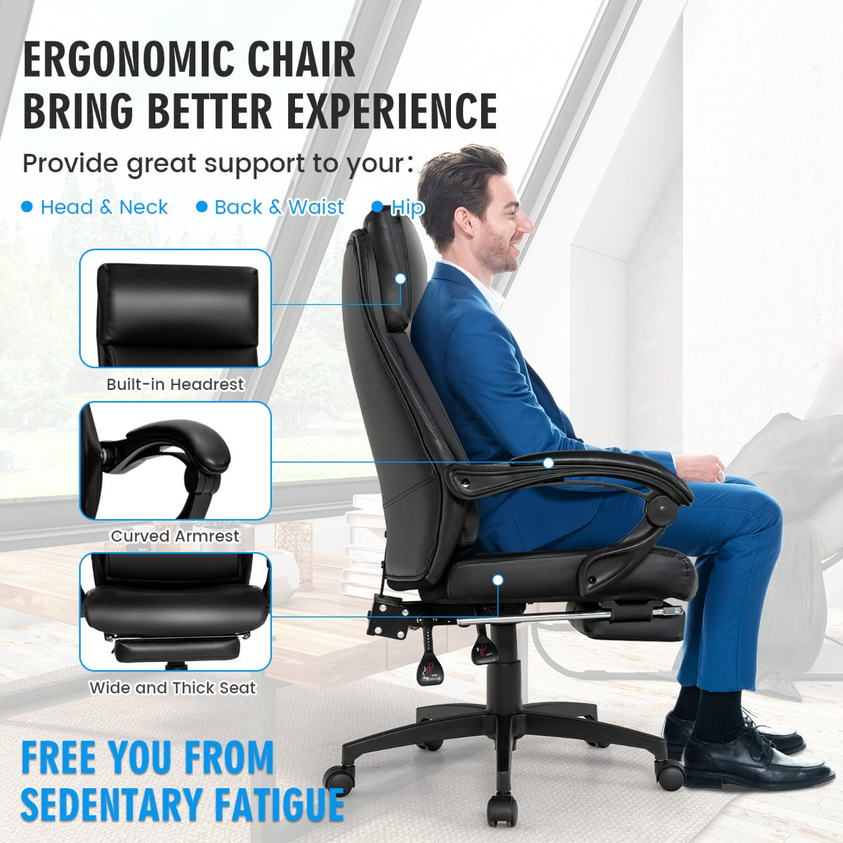 Ergonomic Executive Office Chair with Retractable Footrest for Office