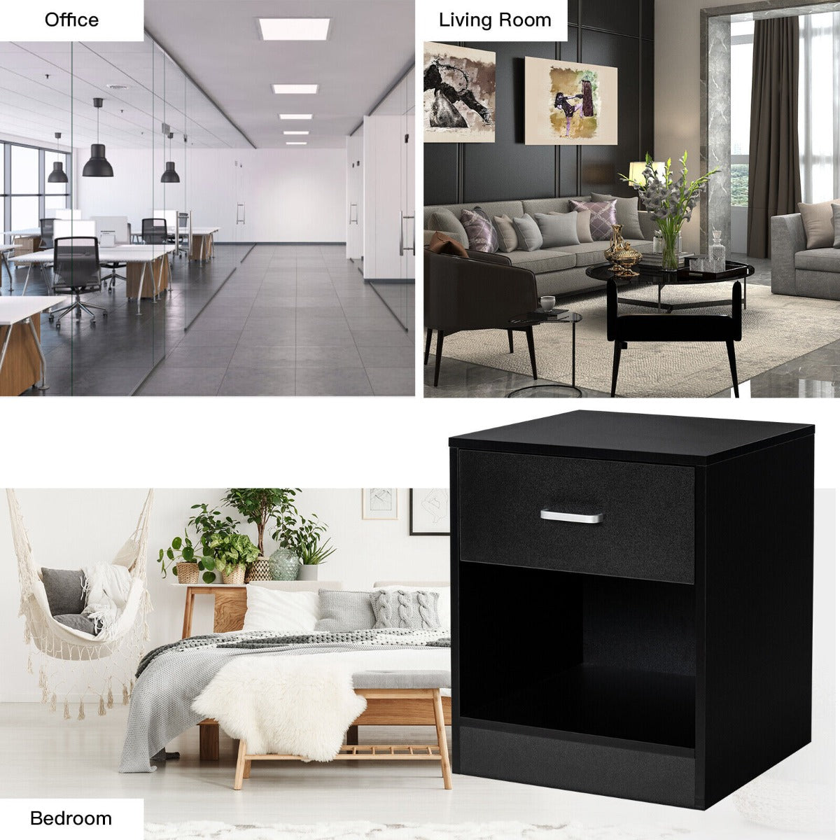 2-tier Wooden Bedside Table with Storage Drawer & Cabinet for Bedroom/Living Room/Office-Black