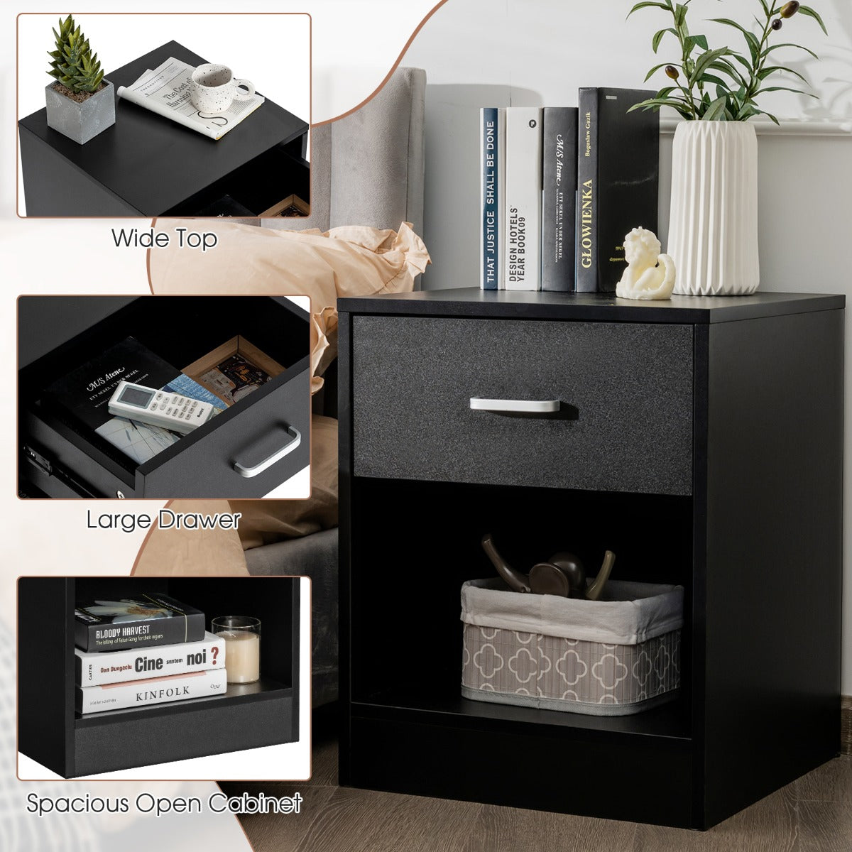 2-tier Wooden Bedside Table with Storage Drawer and Cabinet for Bedroom/Living Room/Office-Black-2 pieces