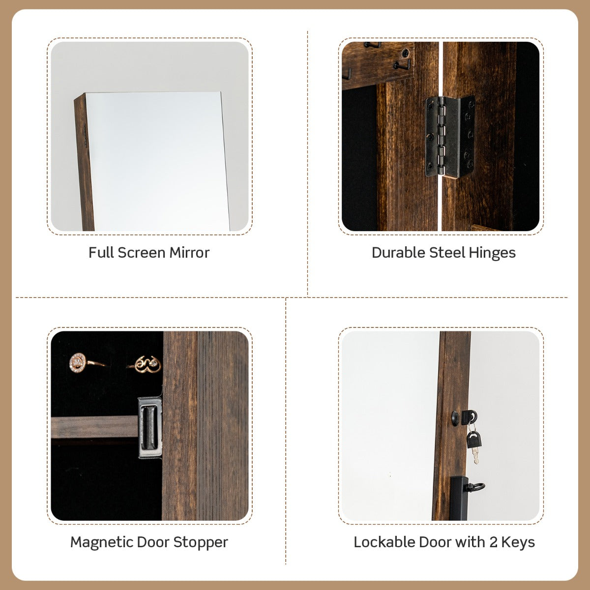 Mobile Standing Lockable Jewelry Cabinet with Full Length Mirror-Coffee