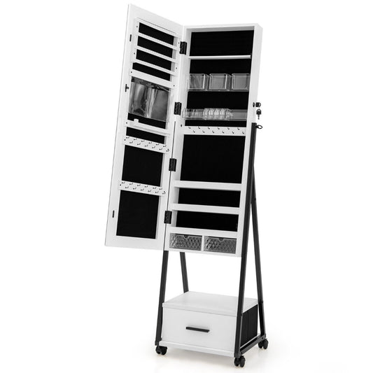 Costway Mobile Standing Lockable Jewelry Cabinet with Full Length Mirror-White