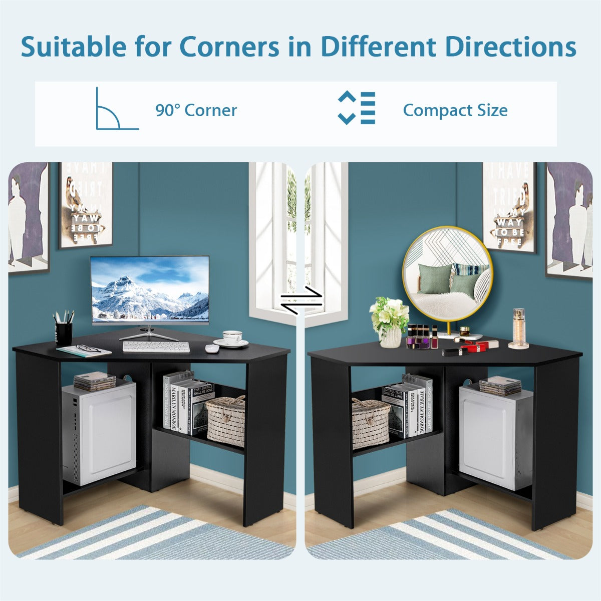 Black Corner Computer Desk with Management Hole for Home Office