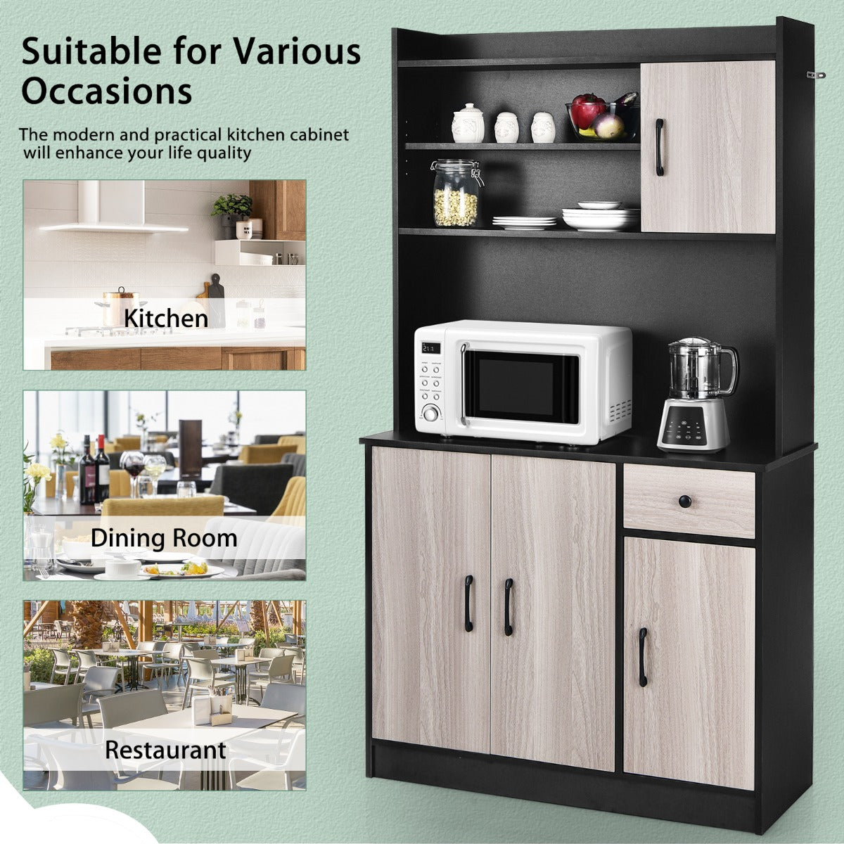 Versatile kitchen sideboard works as a cupboard, buffet hutch, or display cabinet