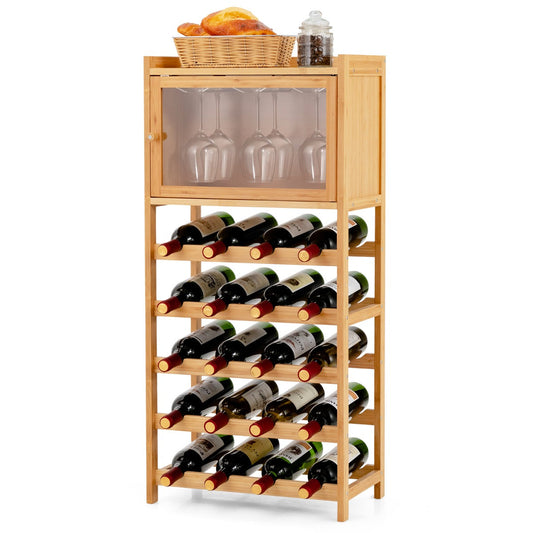 Freestanding wine rack with three stainless steel glass hangers for storing goblets and stemware
