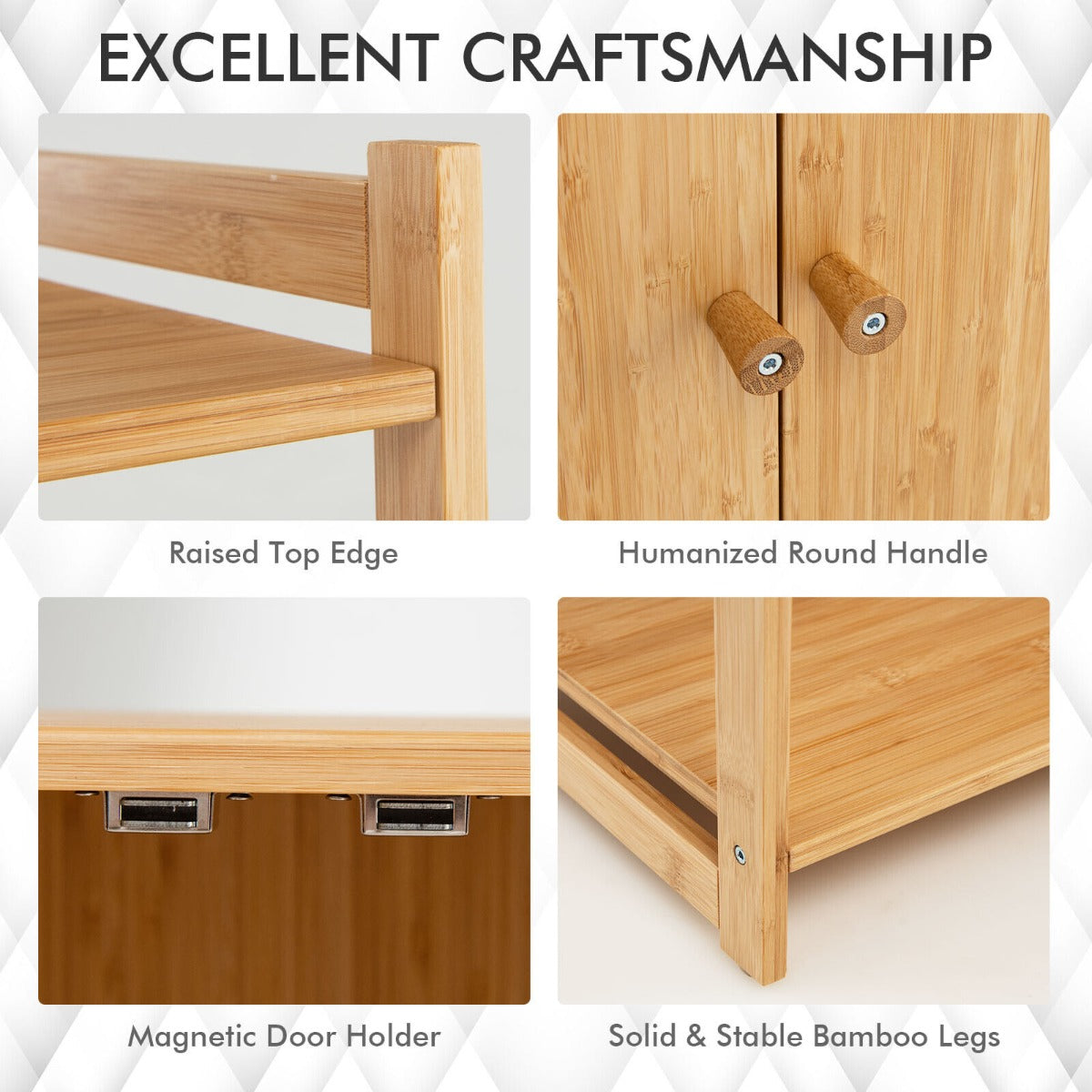 Natural bamboo floor cabinet includes clear instructions for simple assembly and flexible home organization