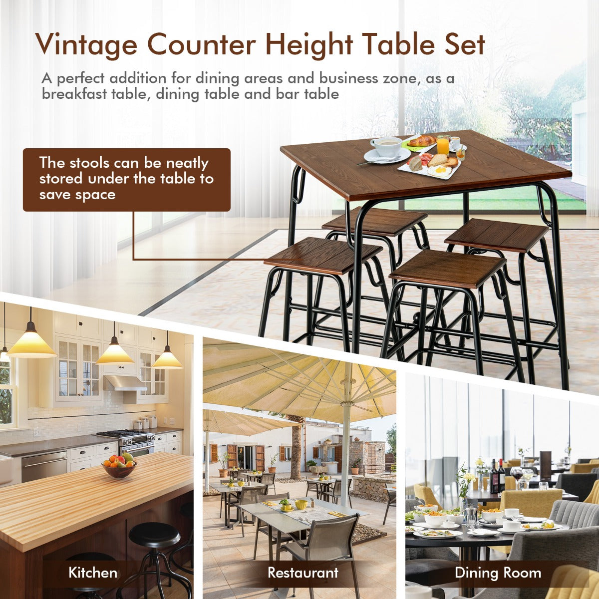 Easy-assembly pub table furniture set is suitable for kitchens, cafes, bars, and breakfast nooks