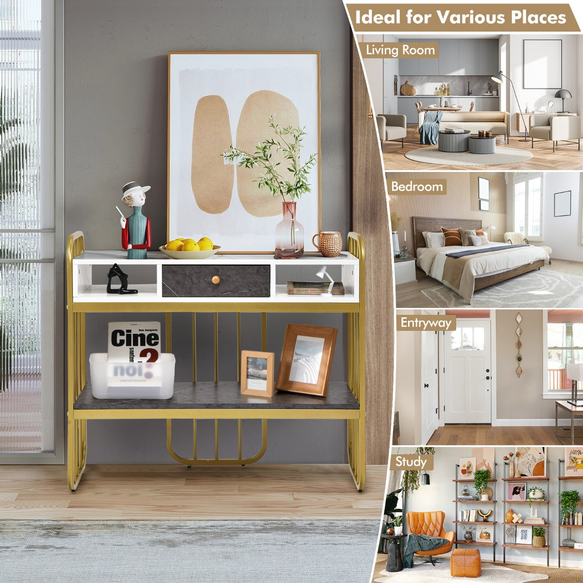 Costway Faux Marble Console Table with Drawer and Storage Shelf