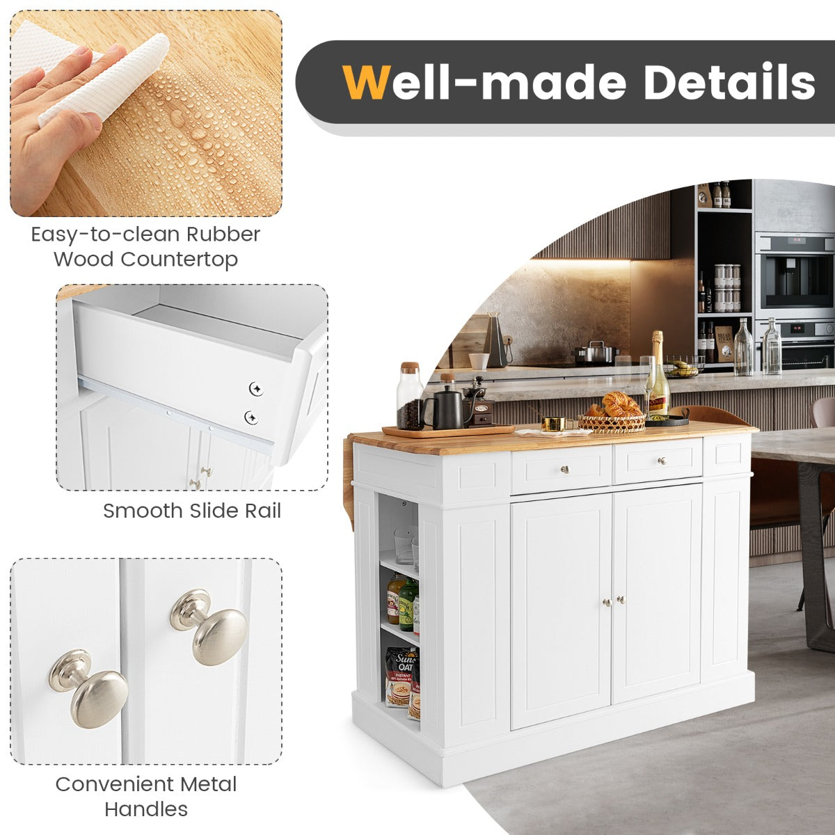 Kitchen Island with Drop Leaf Countertop and 3-Level Adjustable Shelves-White