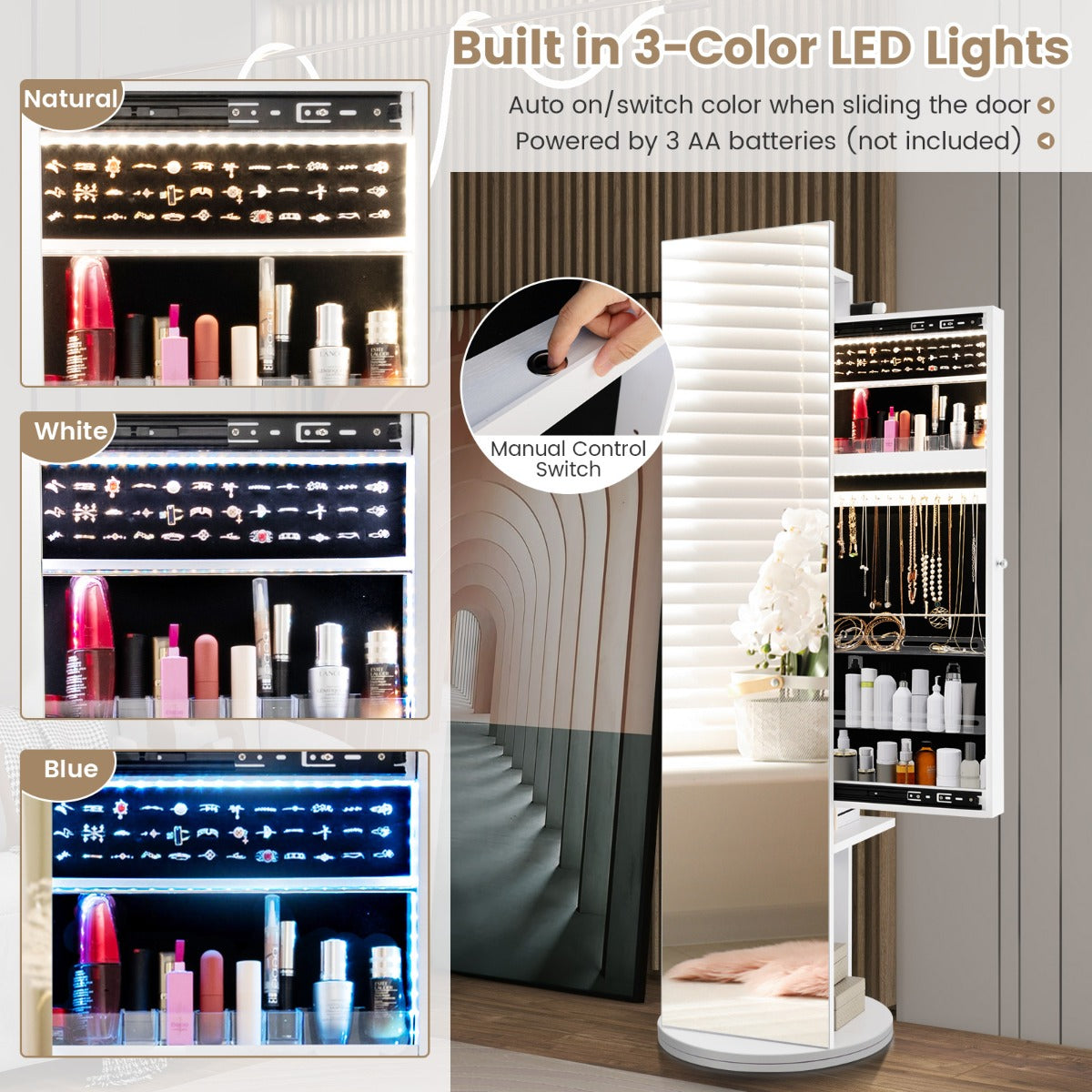 360° Swivel Jewelry Cabinet Armoire with Cosmetics Storage for Bedroom