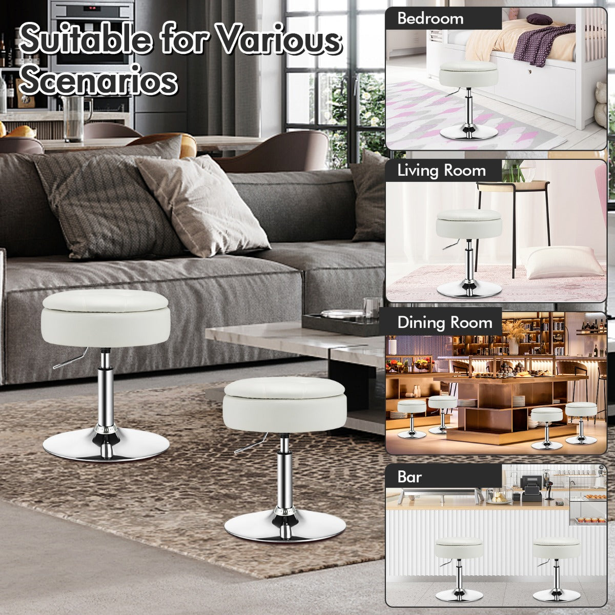 Compact swivel storage stool combines comfortable seating with convenient hidden organization