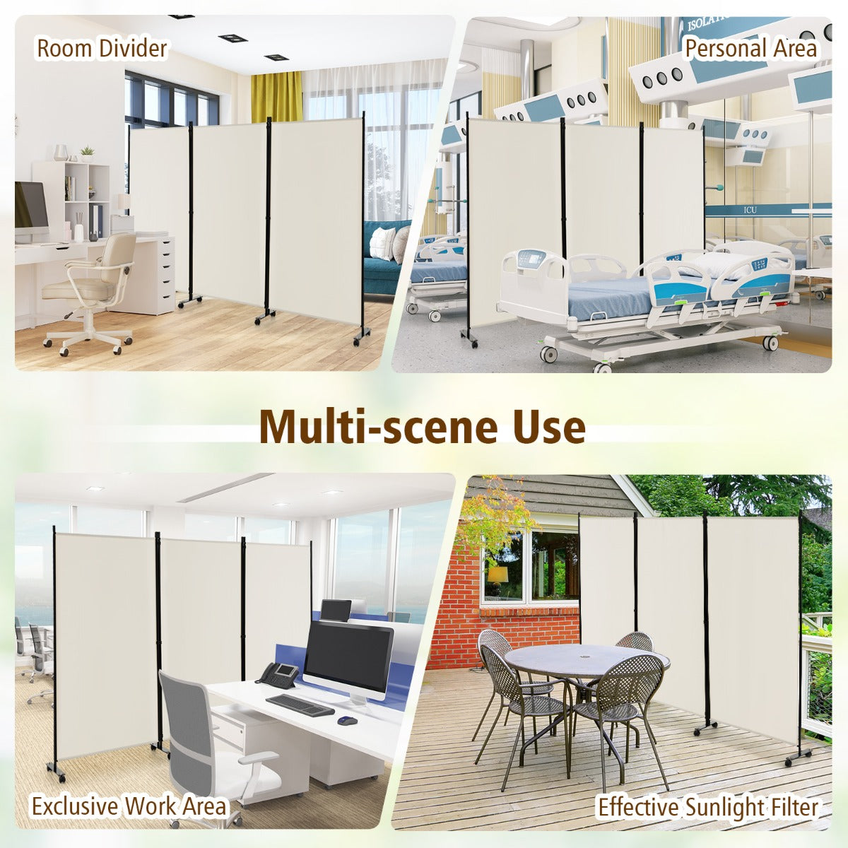 180 CM 3-Panel Folding Room Divider with Lockable Wheels-White