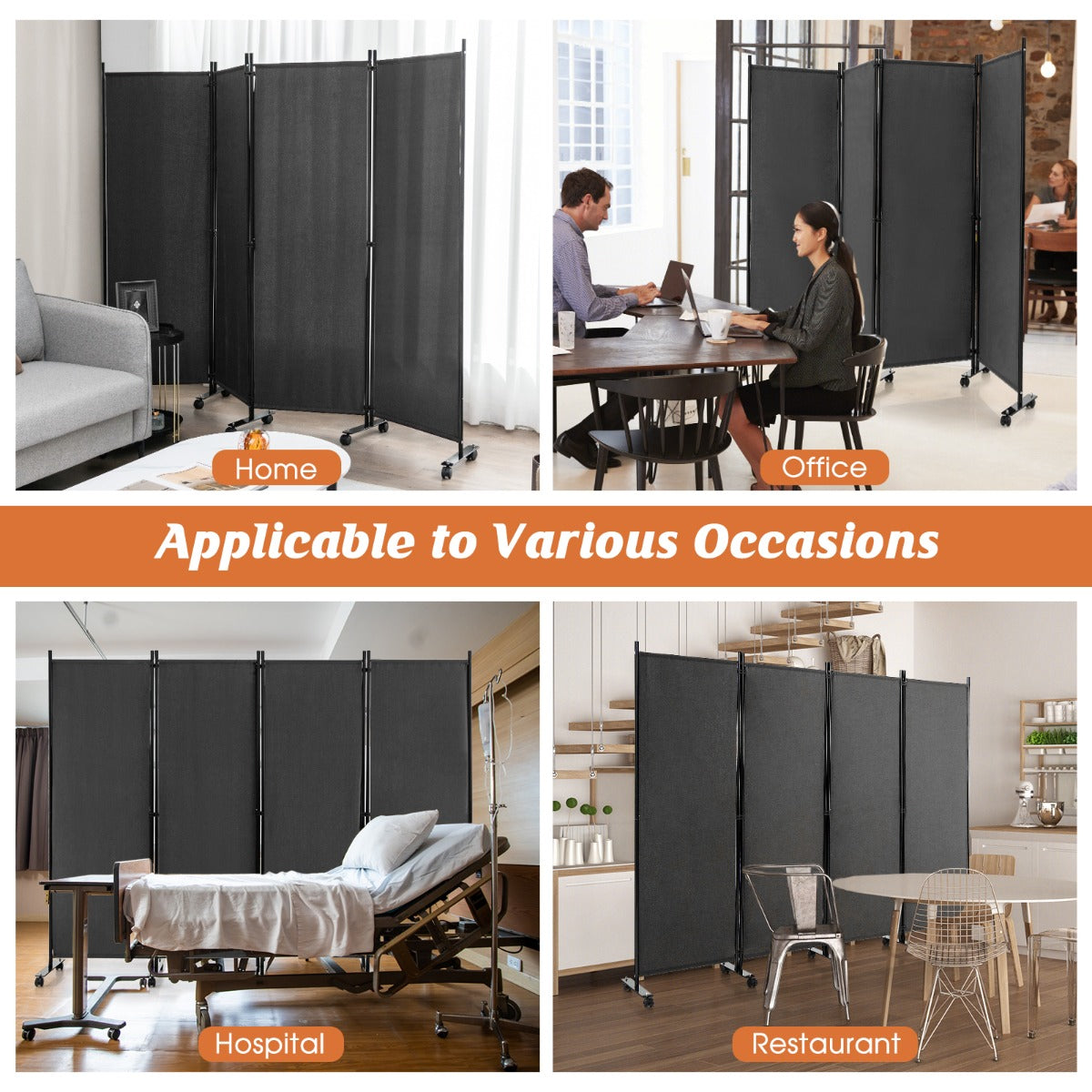 1.73m 4-Panel Folding Room Divider with Lockable Wheels-Grey