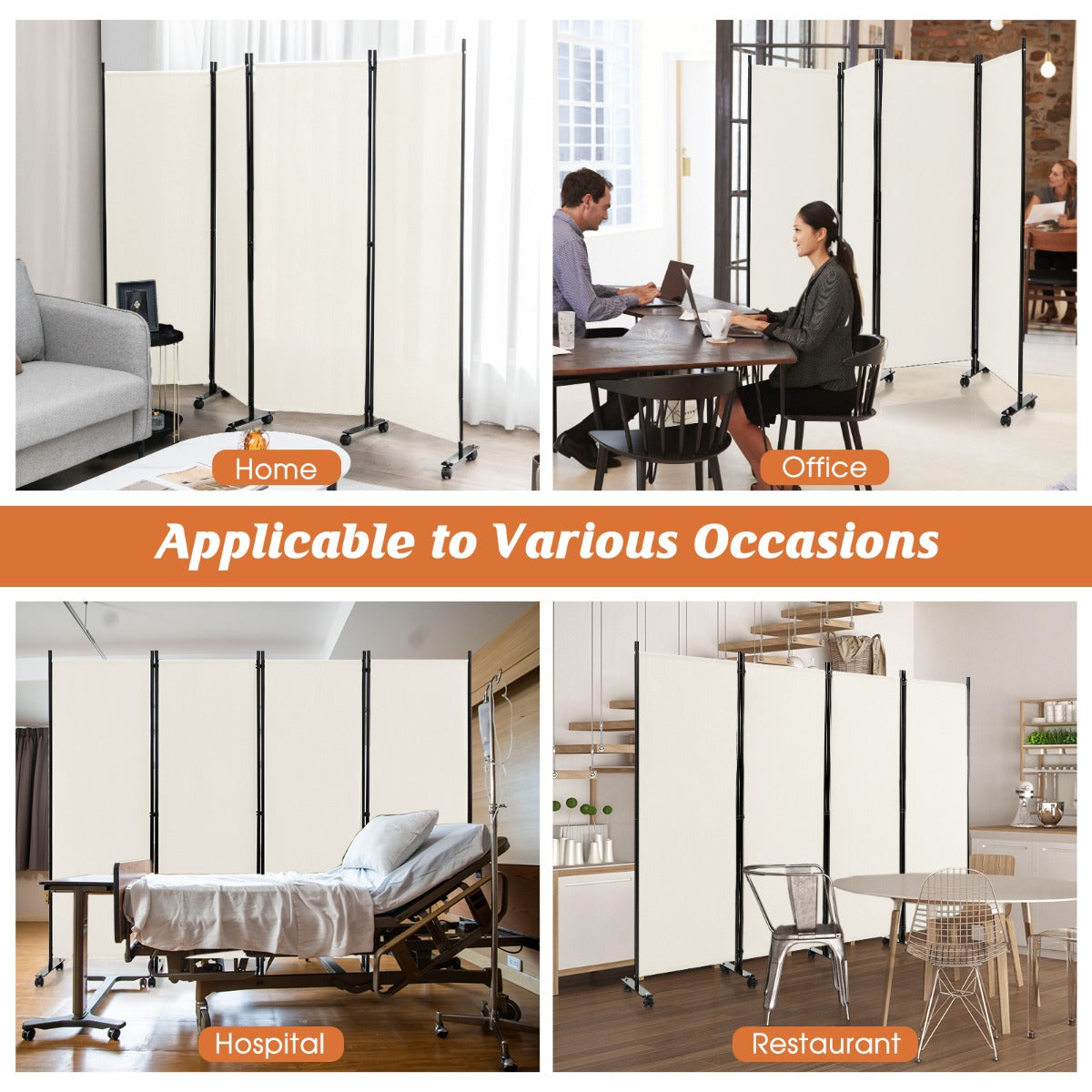 1.73m 4-Panel Folding Room Divider with Lockable Wheels-White