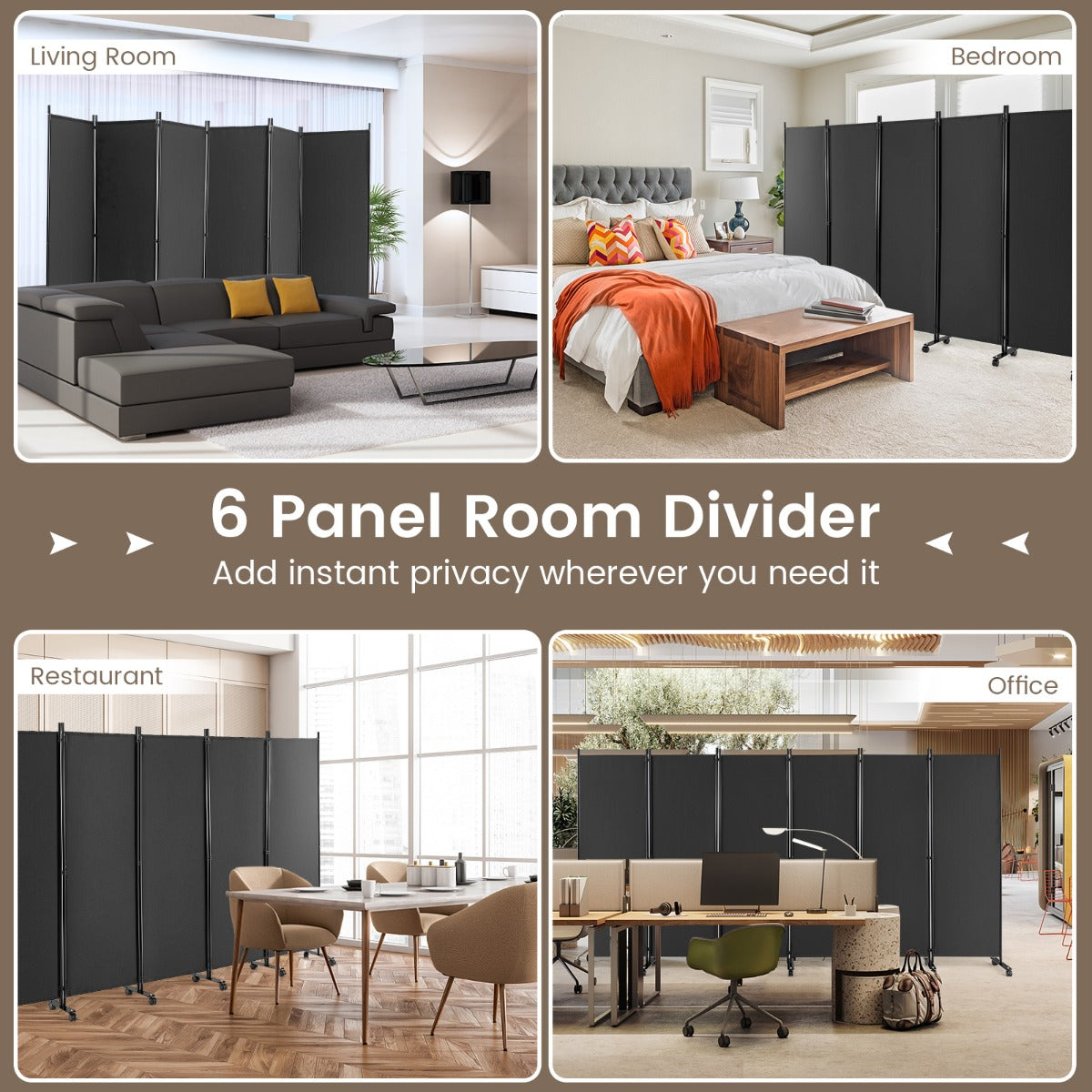1.72m 6-Panel Folding Room Divider with Lockable Wheels-Grey