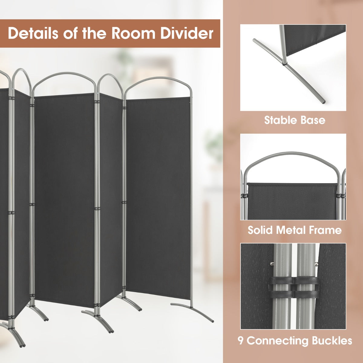 6 Panel Folding Privacy Screen for Home and Office-Grey