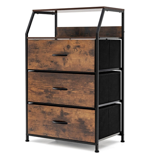 Rustic brown dresser cabinet keeps clothing, accessories, ornaments, and household items neatly organized