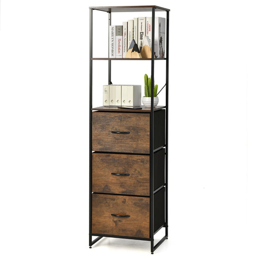 Six-tier storage dresser combines open display shelves with pull-out drawers for organized home storage