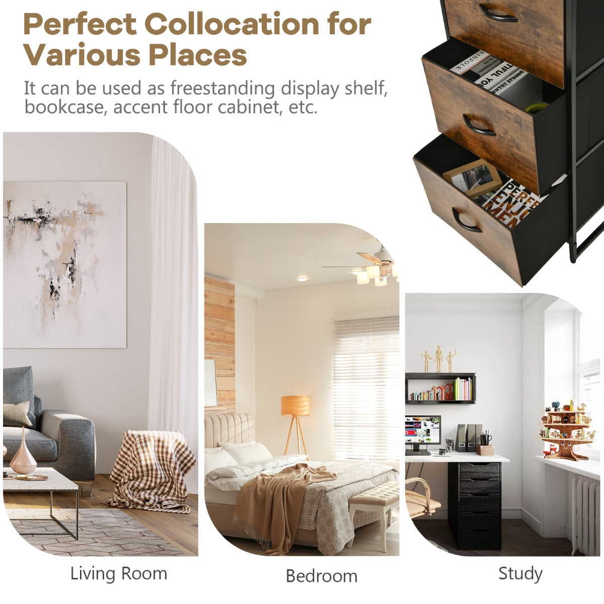 Costway 3-Drawer Bookshelf with Anti-toppling Device for Living Room, Office