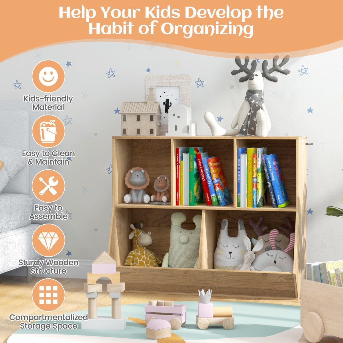 5-Cubby Kids Toy Storage Organizer with Footboard for Kids-Natural