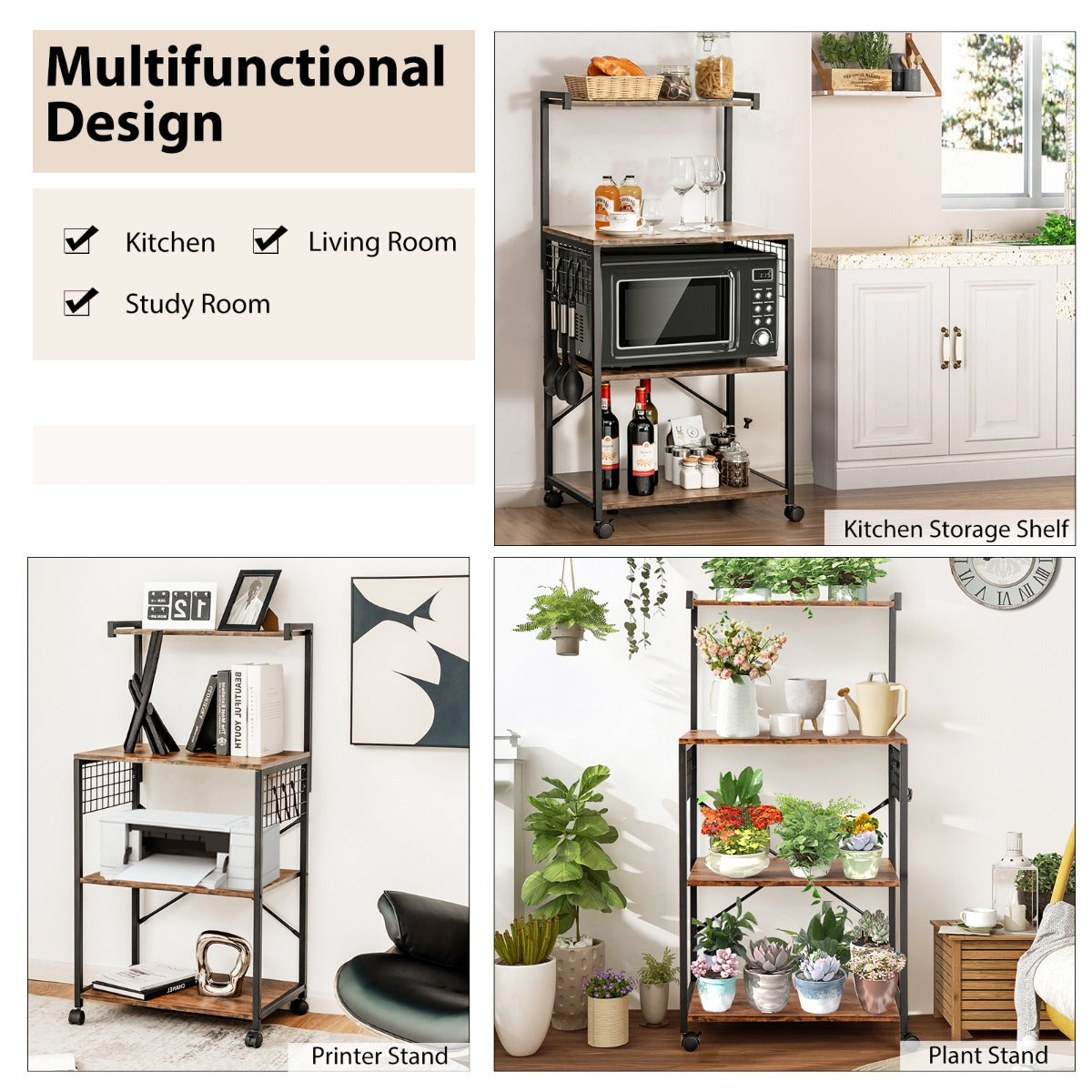Rustic brown four-tier shelf suits kitchens, dining rooms, studies, balconies, and living rooms