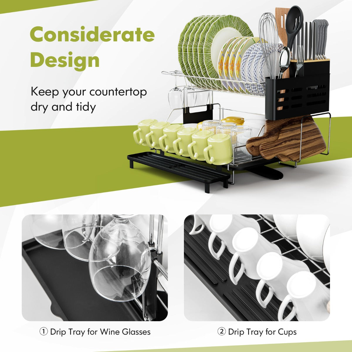 2-Tier Detachable Dish Drying Rack with Cutlery Holder & 360° Swiveling Spout