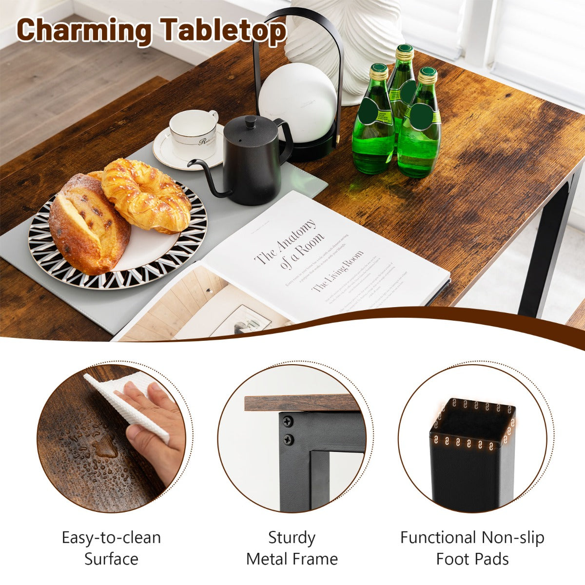 Space-saving Dining Table Set for 4 with 2 Benches for Kitchen-Brown