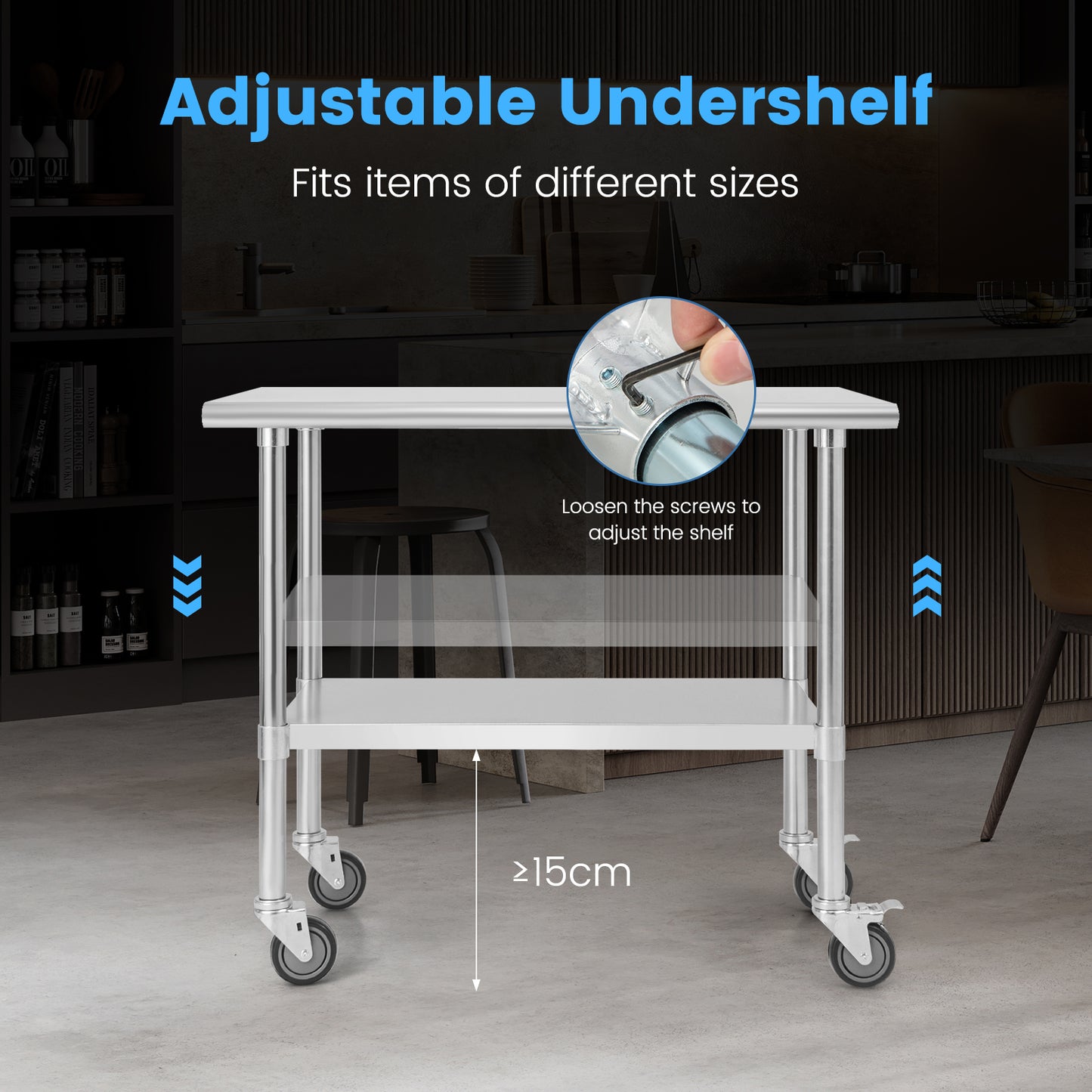 Stainless Steel Table Cart with 4 Universal Wheels for Kitchen-91.5 cm (W)
