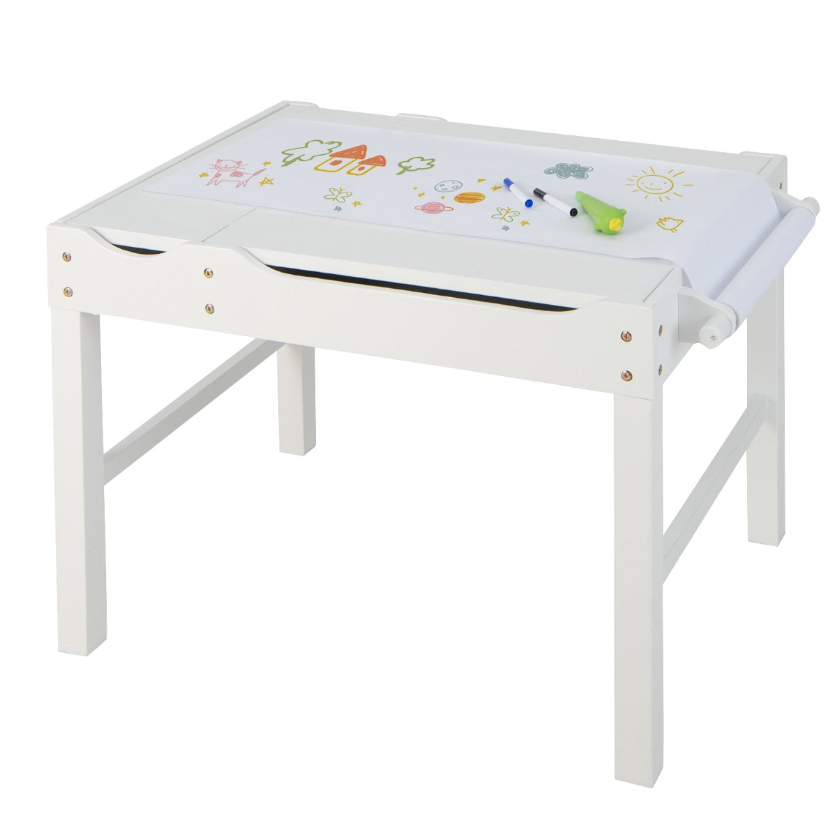 2-in-1 Kids Activity Table with Reversible Tabletop and Storage Compartments-White