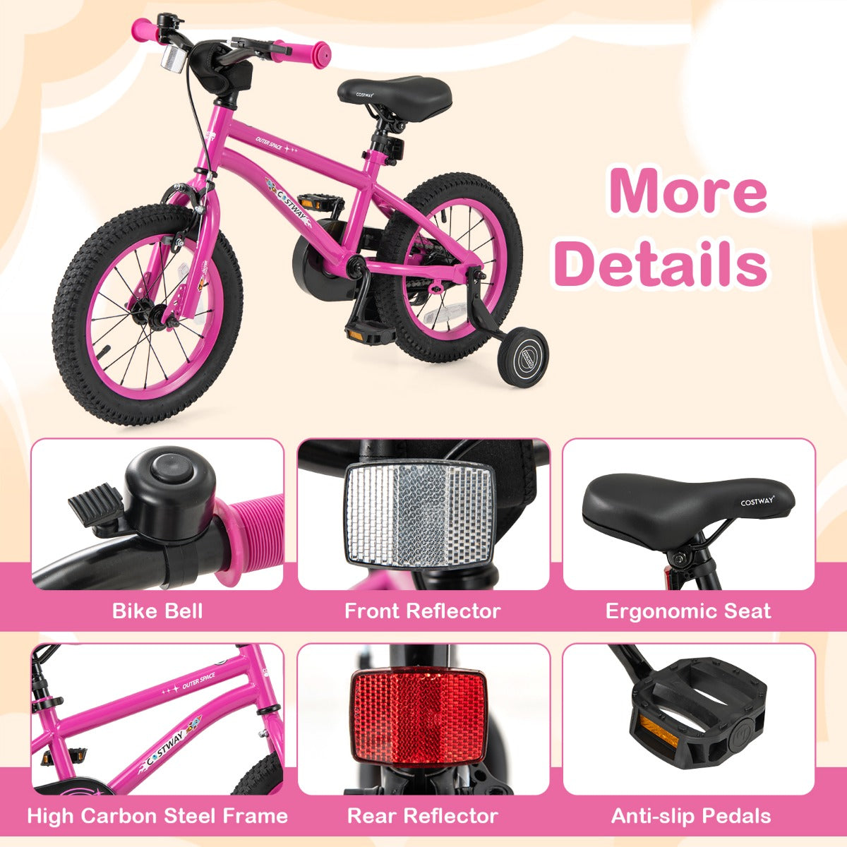 Kids Bike for 4-7 Years Old Sport Bicycle Adjustable with Training Wheels-Pink-14 inches