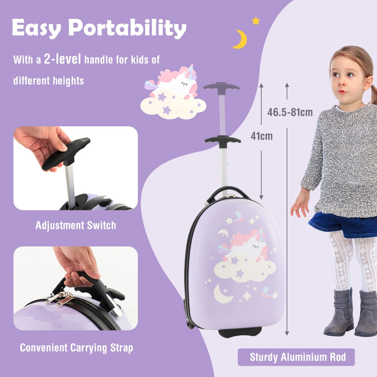 Costway Kids Hard Shell Carry-On Luggage with Wheels and 2-Level Handle-Purple