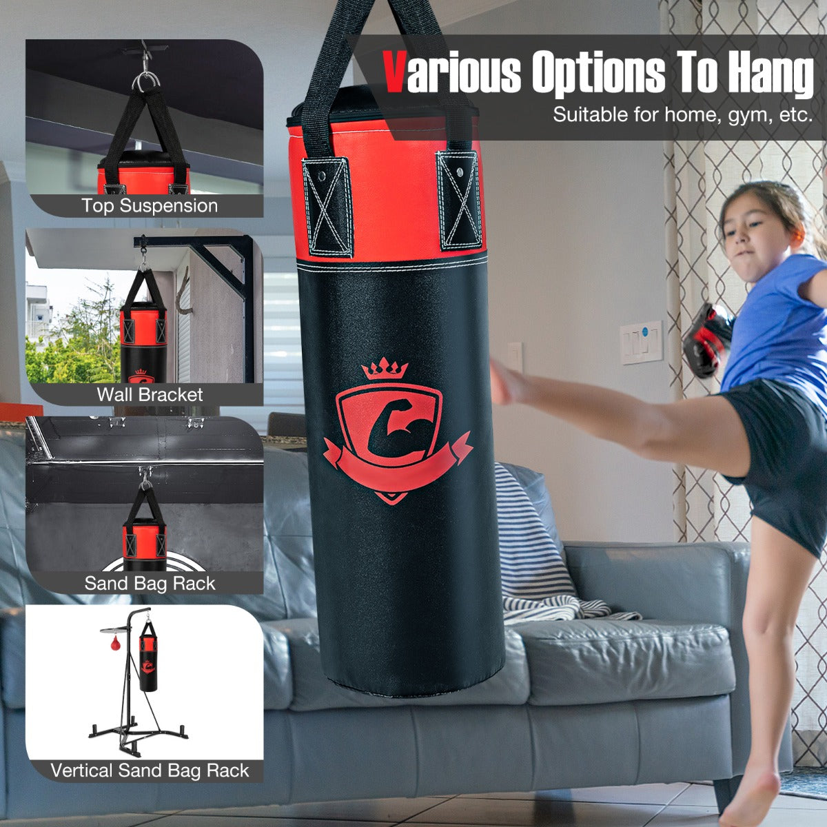 Costway Kids Hanging Punching Bag Set with Punch Gloves Hand Wraps and Storage Bag-Black