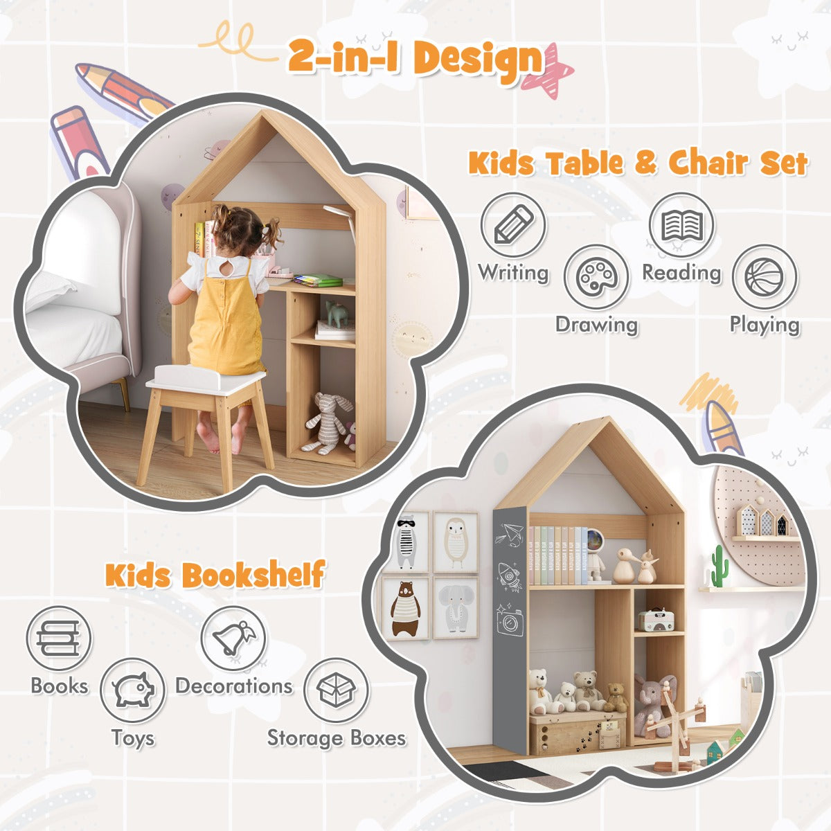 Kids study desk with open storage compartments for books, toys, stationery and decorative items