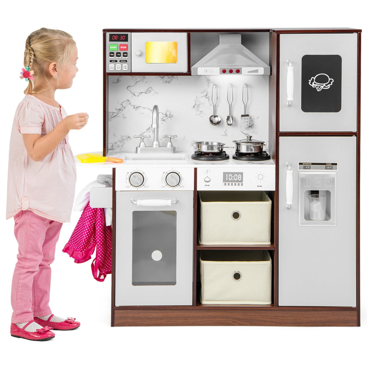 Stylish coffee-colored play kitchen is suitable for children's rooms, playrooms, nurseries, and kindergartens