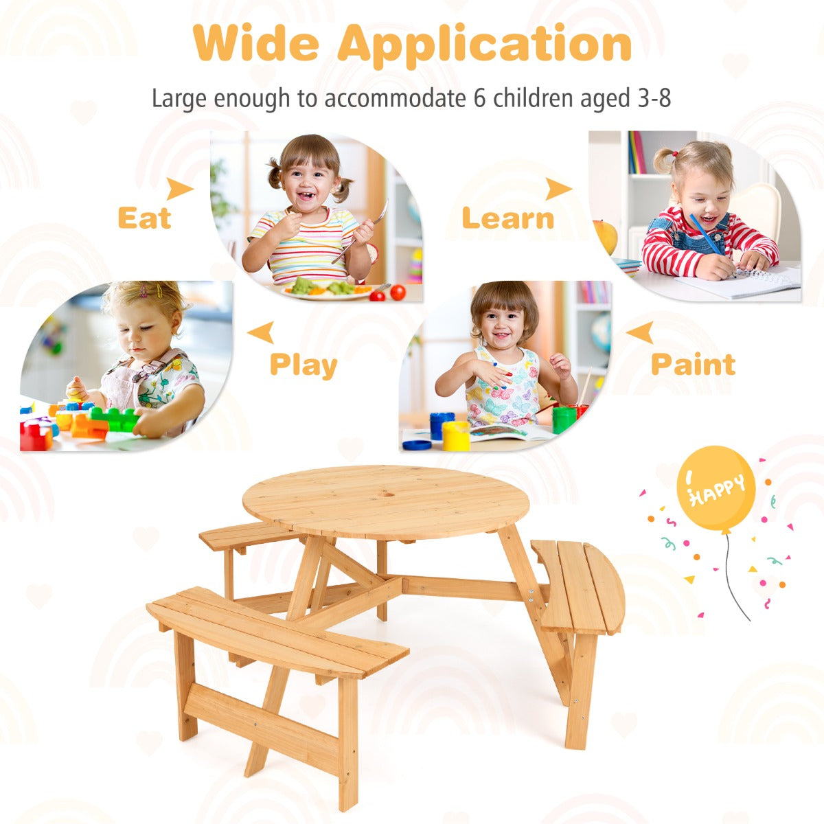 6 Person Kids Outdoor Wooden Picnic Table and Bench Set-Natural