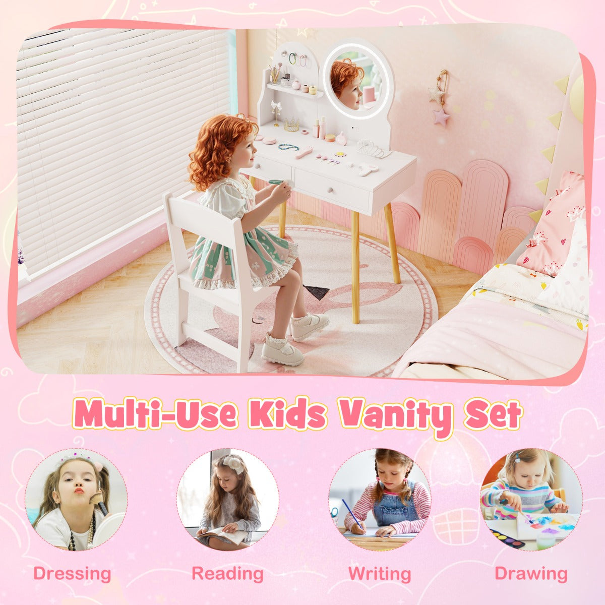 Kids Vanity Set with 2-Color Front Lit Mirror for 3+ Years-White