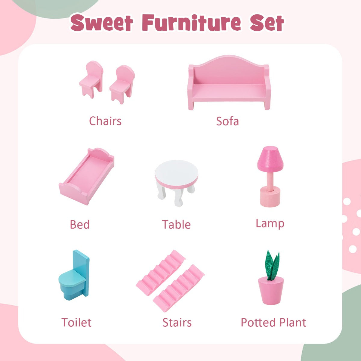 Kids Wooden Dollhouse with 5 Simulated Rooms & 10 Pieces of Furniture