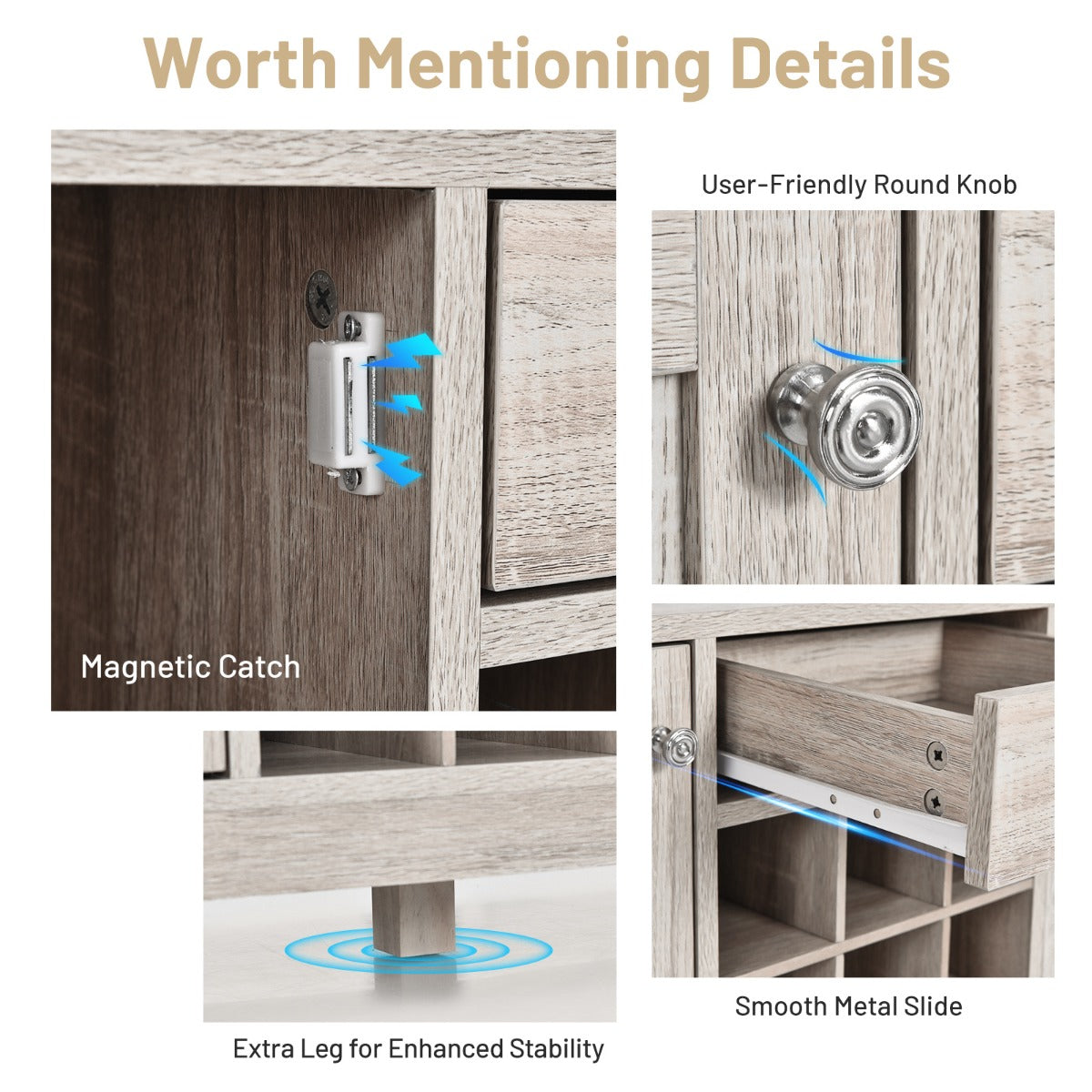 Easy-assembly wooden wine cabinet features a smooth surface that wipes clean with a soft cloth