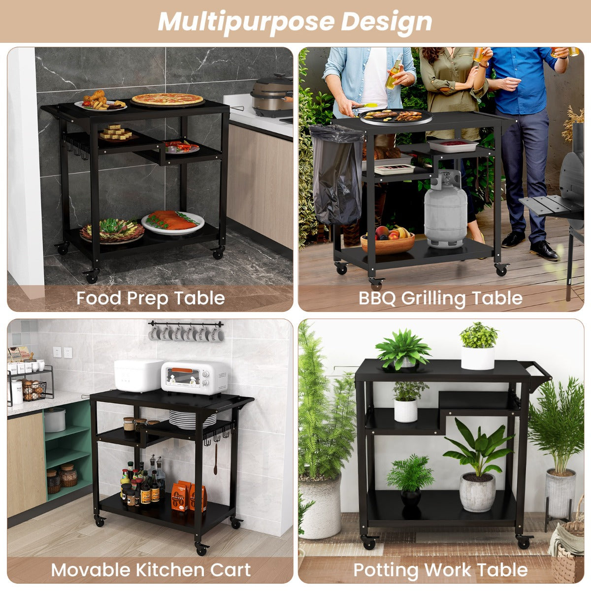 Wide tabletop provides a practical area for food preparation, cooking and serving