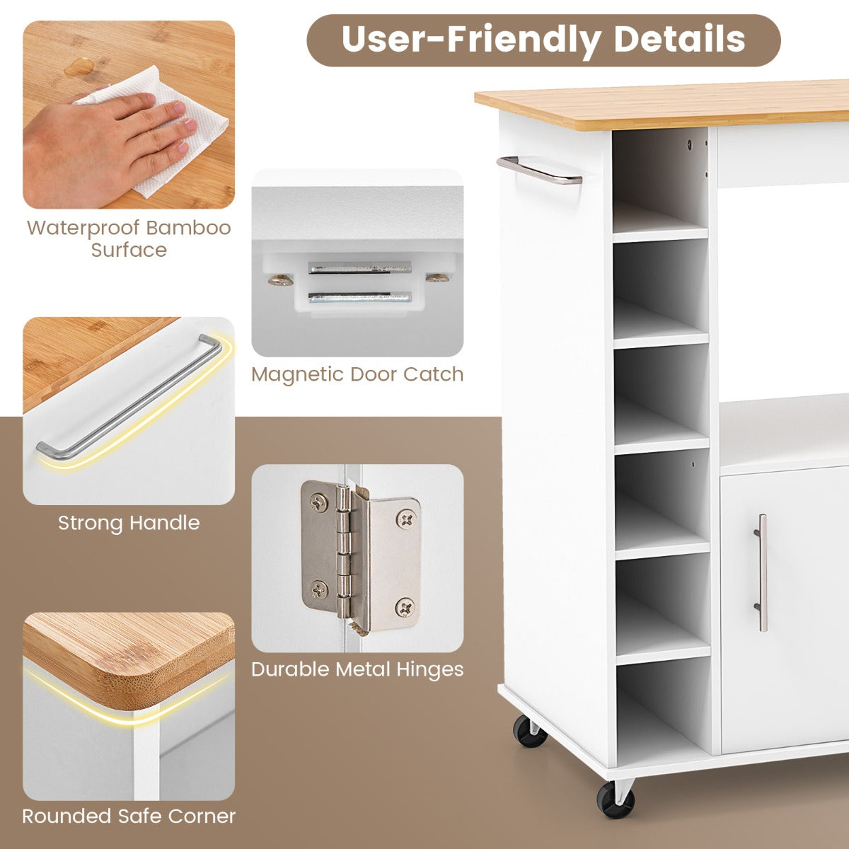 Compact serving cart with rounded corners and a comfortable push handle for easy control