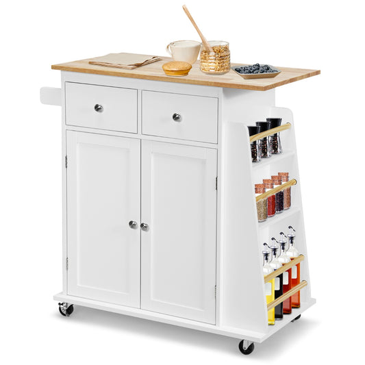 Kitchen Island with Rubber Wood Countertop and Adjustable Shelf-White