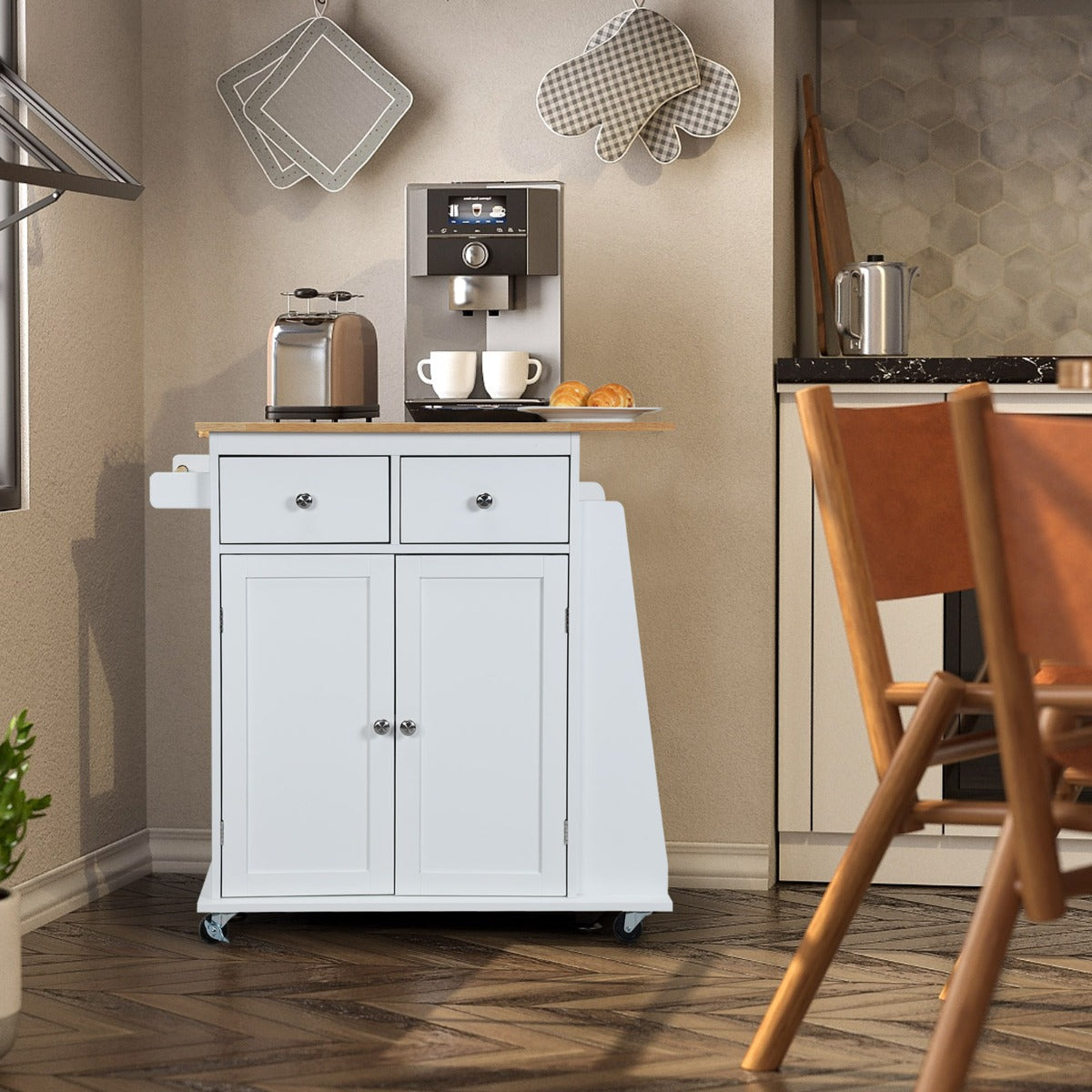 Kitchen Island with Rubber Wood Countertop and Adjustable Shelf-White