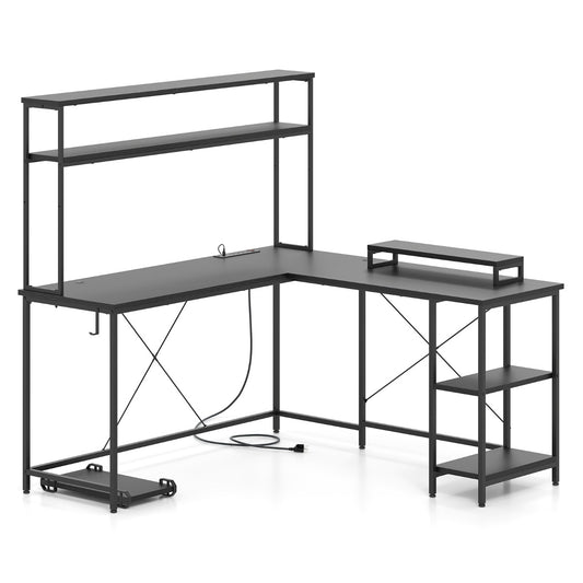 L-Shaped Gaming Desk with LED Strip and Power Outlets-Black