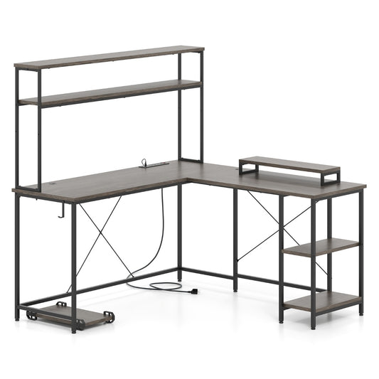 L-Shaped Gaming Desk with LED Strip and Power Outlets-Grey