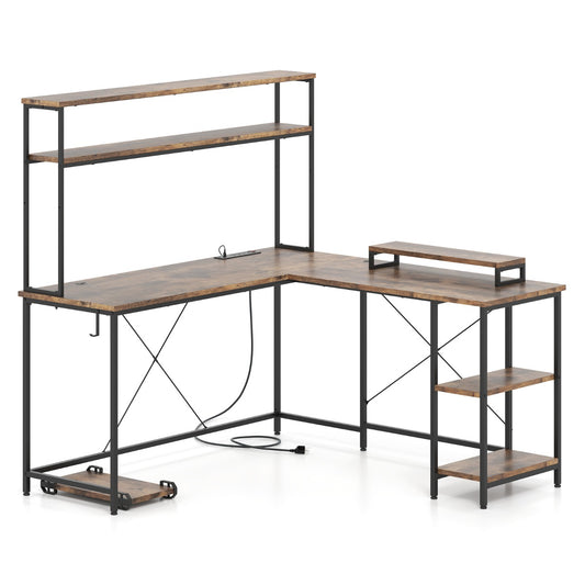 L-Shaped Gaming Desk with LED Strip and Power Outlets-Rustic Brown
