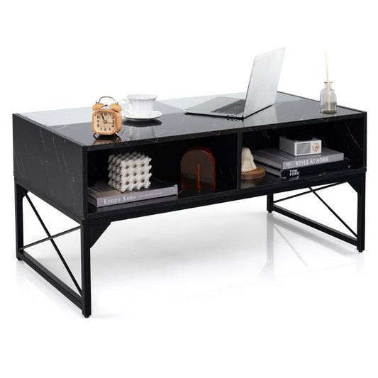 Costway LED Coffee Table Center Table with Faux Marble and 4 Storage Cubes-Black