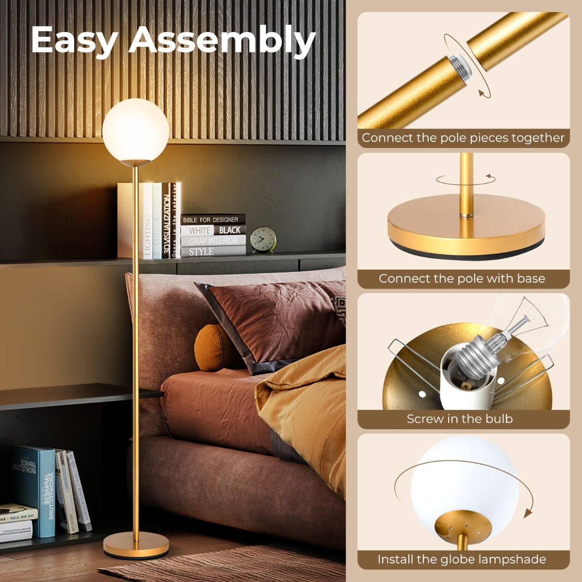 Costway LED Floor Lamp with Acrylic Lampshade-Golden