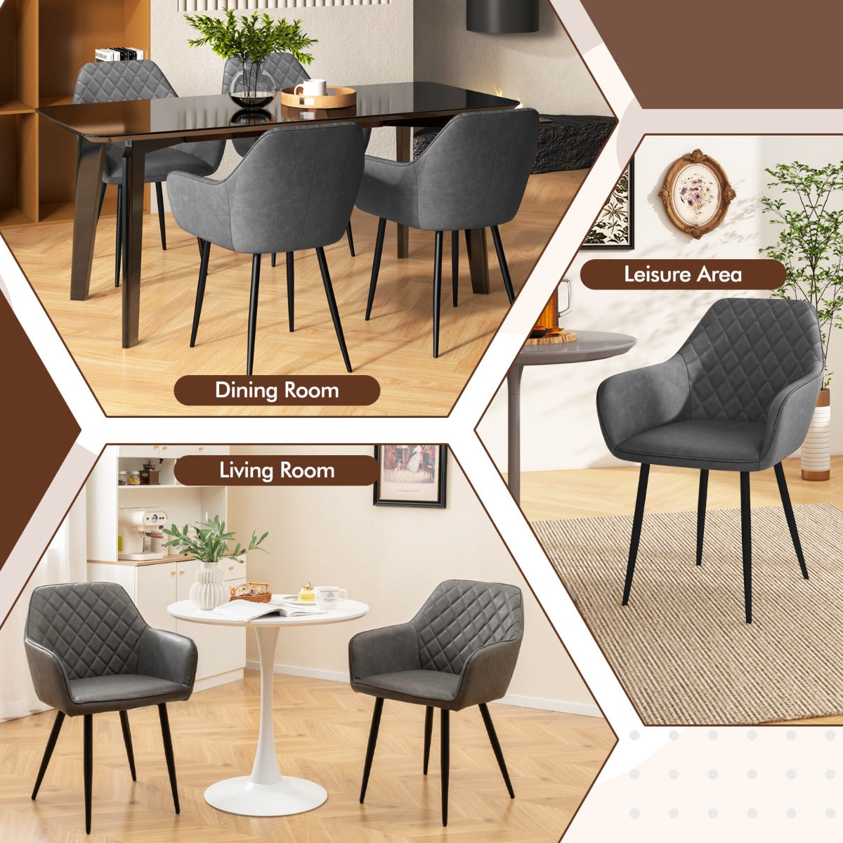 Costway Leisure Dining Chair Set of 2 with Curved Backrest Wide Seat and Armrests-Grey
